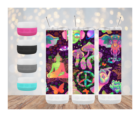 Evil Eye and Hamsa Sublimated Skinny Tumbler with Removable Bluetooth Speaker with Led Lights.